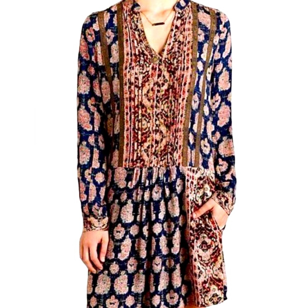 Anthropologie Petite Paquerette Shirt Dress Long Sleeve Button Lace Accent